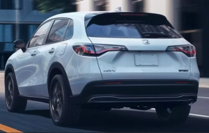 The rear side of a 2024 Honda HR-V driving on a city street near Indianapolis, Indiana