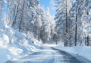 A snowy road near Indianapolis, Indiana