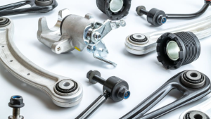 An assortment of OEM parts laid out on a white table near Indianapolis, Indiana