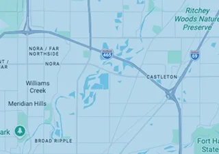 Map of the Castleton area of Indianapolis showing Interstate 465, Interstate 69 and Ritchey Woods Nature Preserve