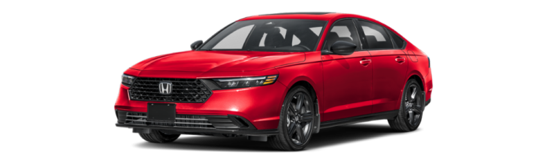Red 2026 Honda Accord Sport-L Hybrid with black wheels, front three-quarter view