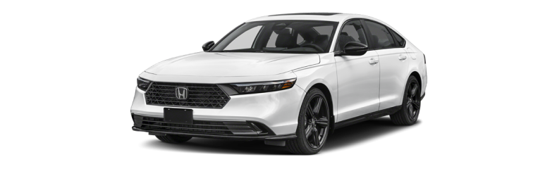 White 2026 Honda Accord Sport Hybrid with black wheels, front three-quarter view