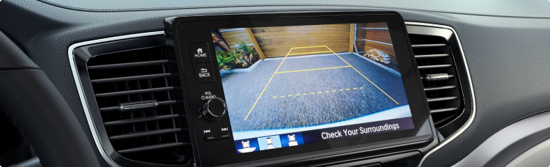 Honda Ridgeline touchscreen showing the Multi-View rearview camera with parking guidelines